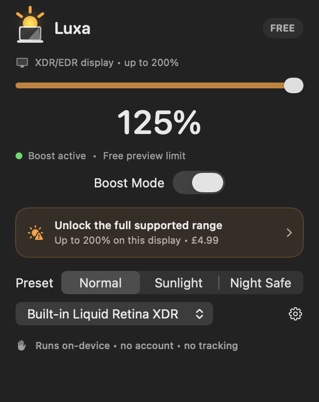 Luxa menu showing 125 percent free preview on a Liquid Retina XDR display