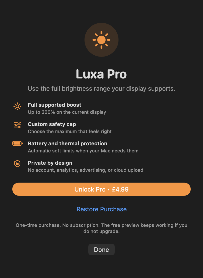 Actual Luxa Pro one-time purchase screen