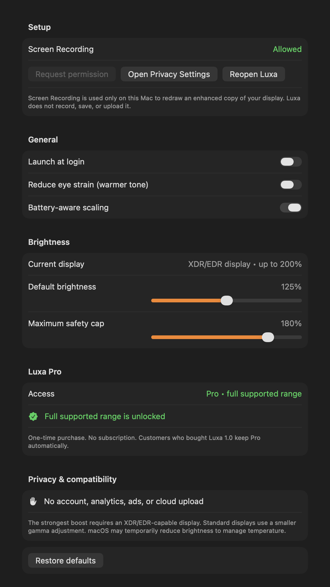 Luxa settings showing XDR display capability and a maximum safety cap